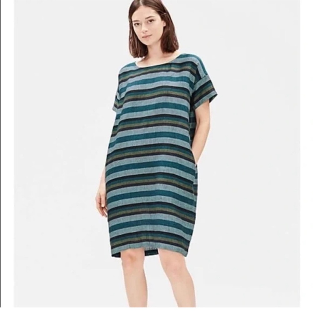Eileen Fisher: Striped Organic Linen Shift Dress: Blue & Green & Gray: Size XS
